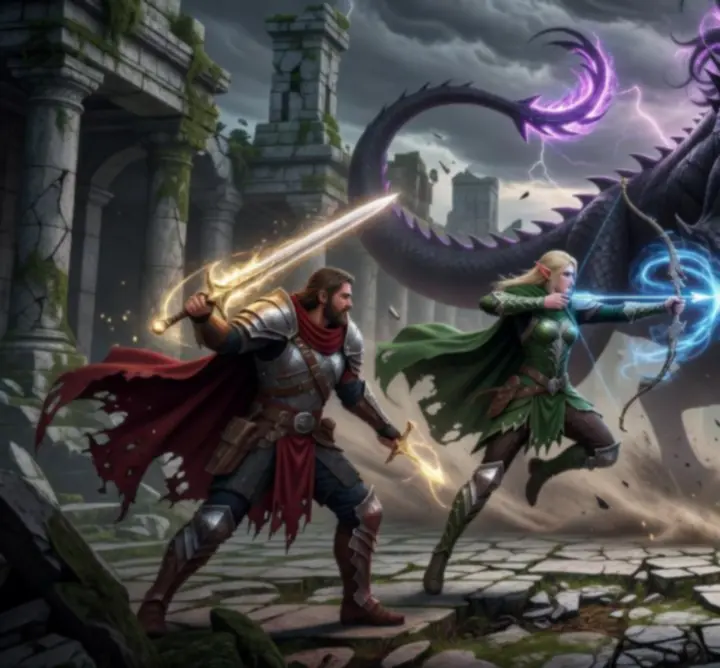 Allied heroes unleashing coordinated abilities against a colossal enemy in HeritageGam's cooperative mode.