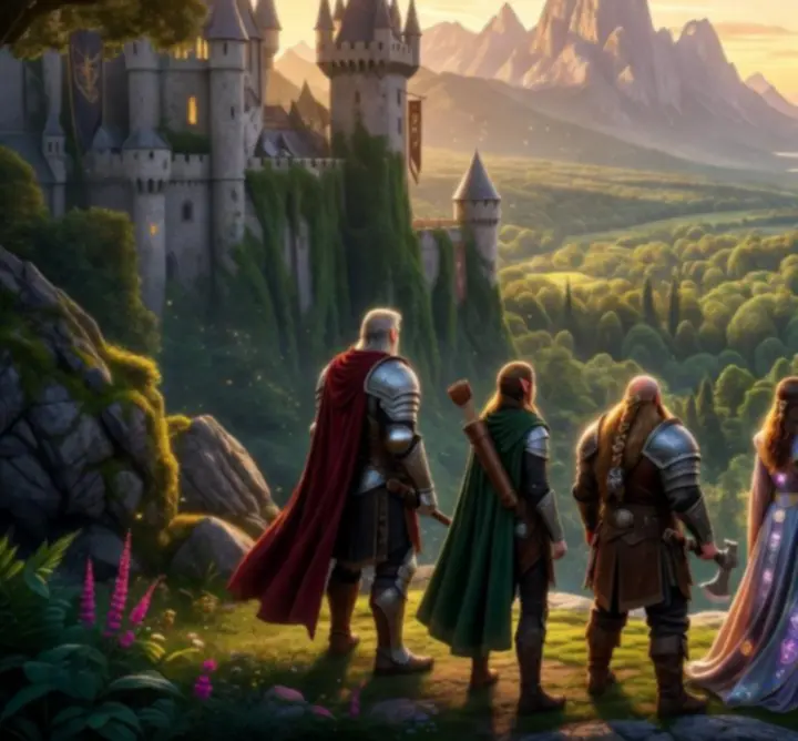 Heroic party overlooking an ancient fantasy kingdom in INFO-MAR