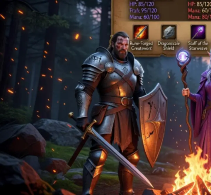 A party management interface showing a roster of diverse heroes and their equipment in HeritageGam.