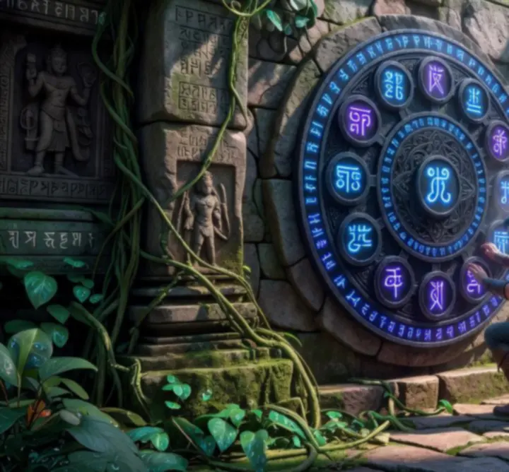 A magical puzzle interface of rotating runic rings within an ancient stone chamber in INFO-MAR.